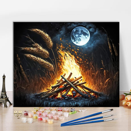 TUMOVO Paint by Number Bonfire in The Woods at Night with a Full Moon Paint by Numbers Kit for Adults, Digital Painting with Brushes and Pigment for Home Wall Decoration, 16x20 Inch TUMOVO