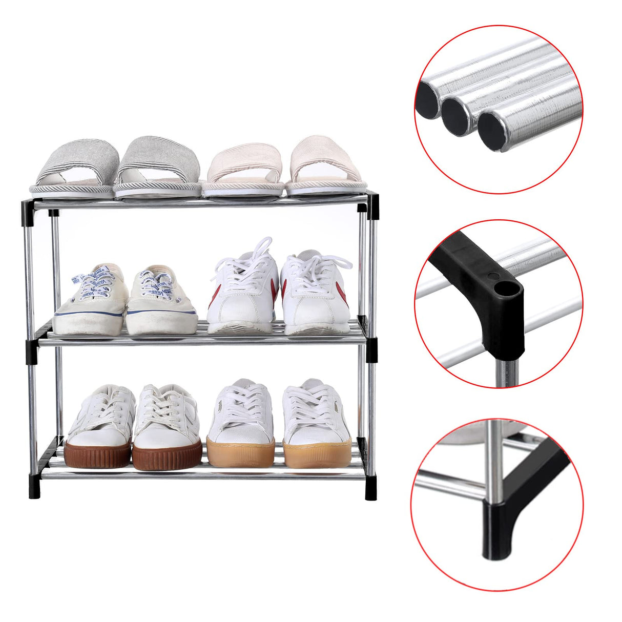 Jucaifu Stackable Small Shoe Rack, Entryway, Hallway and Closet Space Saving Storage and Organization (3-Tier, Black) Jucaifu