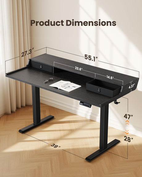 ErGear Electric Standing Desk with Drawers, 55″ x 28″ Gaming Desk with Monitor Stand, C-Clamp Mount Compatible, Home Office Height-Adjustable Desk with Storage Shelf, 4 Preset Heights, Black, EGESD37B ErGear