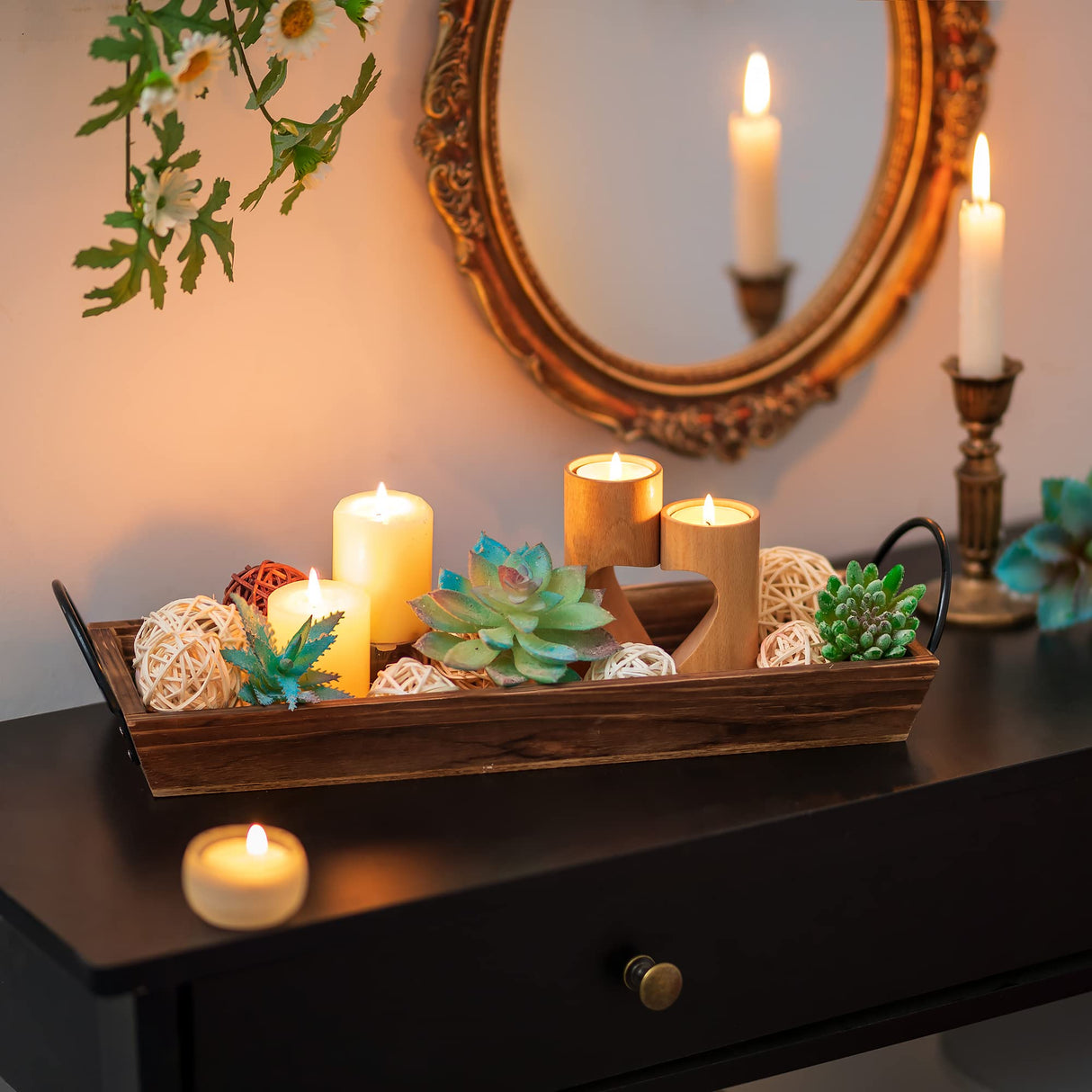 Long Narrow Wood Candle Tray: Hanobe Rustic Wooden Candle Holders Rectangular Table Centerpieces for Dining Room Farmhouse Pillar Stand with Handle Rectangle Tea Light Base Coffee Table Decor, Brown Hanobe