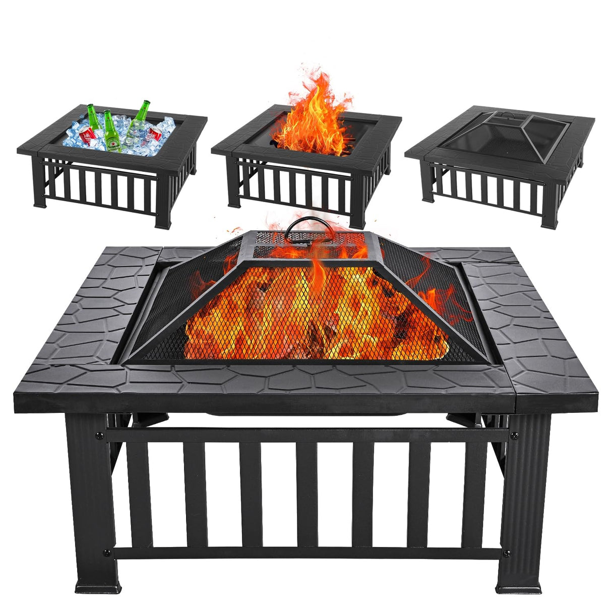 Panovue Multifunctional Fire Pit Table 32 inch Square Metal Firepit Stove Backyard Patio Garden Fireplace for Camping, Outdoor Heating, Bonfire and Picnic Panovue