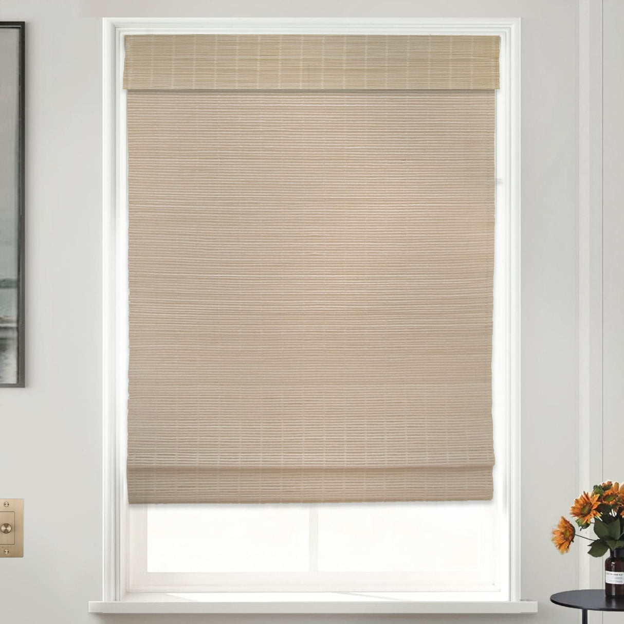 MOOD Custom Bamboo Shades | Modern | Cordless Bamboo Roman Shades for Windows and Doors (Natural Woven) | Modern Camel (Sheer) | 32" W X 72" H Mood