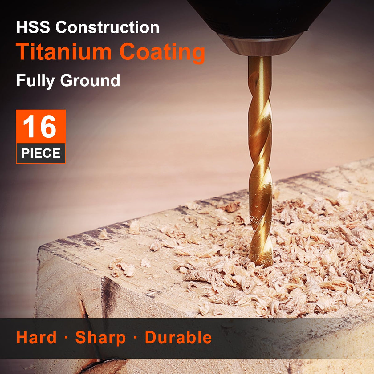 COMOWARE Titanium Twist Drill Bit Set - 16 Pcs Hex Shank High Speed Steel for Wood Plastic Aluminum Alloy, Quick Change, 1/16"-1/4" COMOWARE