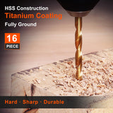 COMOWARE Titanium Twist Drill Bit Set - 16 Pcs Hex Shank High Speed Steel for Wood Plastic Aluminum Alloy, Quick Change, 1/16"-1/4" COMOWARE