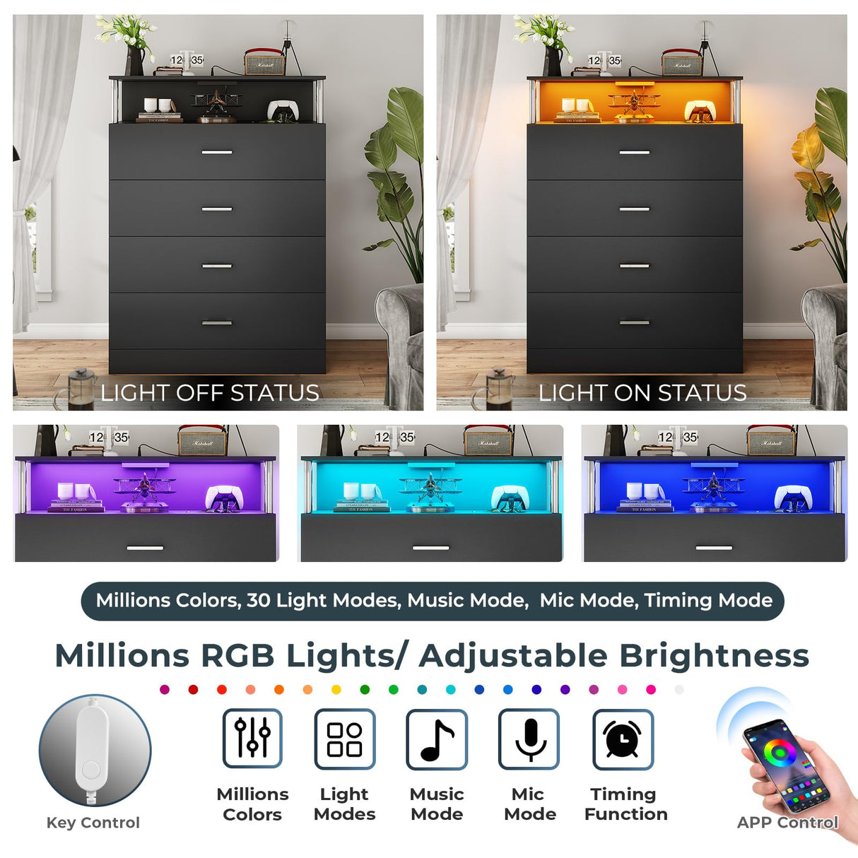 AOGLLATI Dresser for Bedroom with Column Design, 4 Drawer Dresser with Charging Station, Modern Bedroom Led Tall Black Dresser for Bedroom Closet AOGLLATI