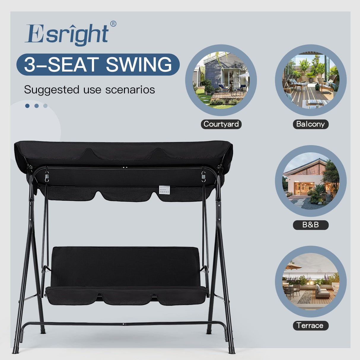 Esright Patio Swings Outdoor, 2-Seat Glider Porch Bench with Removable Cushion and Adjustable Shade, Swing Chairs for Garden, Poolside&Backyard, Black Esright