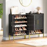 HOOBRO Shoe Cabinet, 5-Tier Shoe Storage Organizer with Doors, Wooden Shoe Cabinet Storage for Entryway, Freestanding Shoe Rack Cabinet with 3 Adjustable Shelves for Hallway, Gold and Black DB41SC01 HOOBRO
