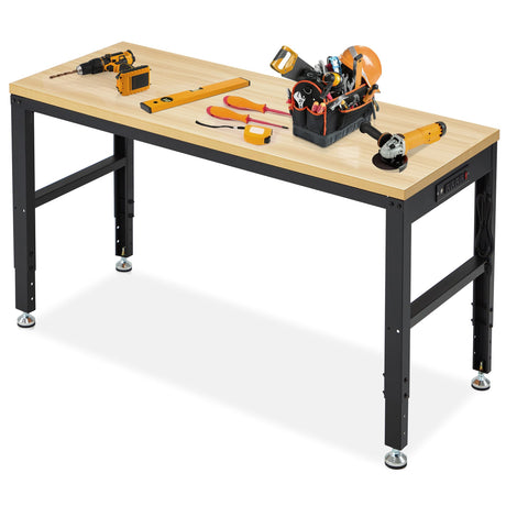 Adjustable Height Wood Workbench, 60" L X 24" W 2000 Lbs Capacity Heavy Duty Work Bench, Smooth Surface Work Table with Power Outlets for Garage, Workshop, Office, Home Antifir