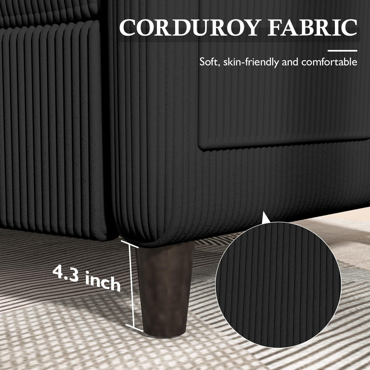 Valthie 60.6" Small Corduroy Loveseat Sofa, Mid-Century Modern 2-Seater Couch with Side Pockets for Small Spaces, Black – Perfect for Living Room, Bedroom, Office & Apartment Valthie