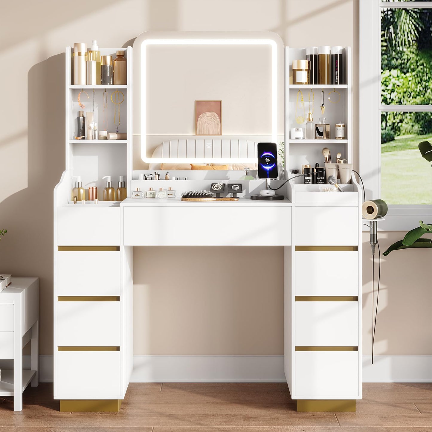 Vabches Large Makeup Vanity with 9 Drawers, Vanity Desk with Mirror and Lights,White and Gold Vanity Table with Charging Station for Bedroom