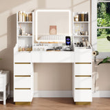 Vabches Large Makeup Vanity with 9 Drawers, Vanity Desk with Mirror and Lights,White and Gold Vanity Table with Charging Station for Bedroom Vabches