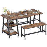 soges 3 Pieces Kitchen Dining Table Set for 4, Breakfast Table Set with 2 Benches, 4-Person Wooden Dinette with Wine Shelf and Glass Holder, Rustic Brown 10CZWKDS04TW140 soges
