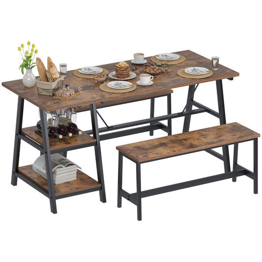 soges 3 Pieces Kitchen Dining Table Set for 4, Breakfast Table Set with 2 Benches, 4-Person Wooden Dinette with Wine Shelf and Glass Holder, Rustic Brown 10CZWKDS04TW140 - WoodArtSupply