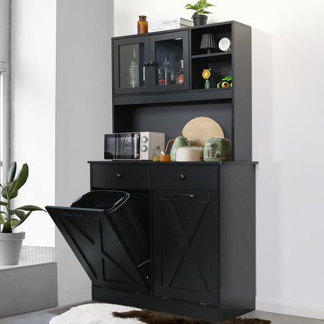 Arlopu Dual Tilt Out Trash&Storage Cabinet, Kitchen Sideboard Cupboard W/Pet Proof 10X2 Gal Hidden Garbage Holder, Freestand Laundry Sort Cabinet, W/Drawer, Shelves,Barn Door (Black) Arlopu