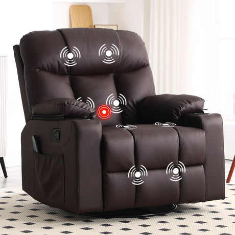 Bonzy Home Swivel Rocker Recliner with Heating and Massage, 40" Manual Rocker Recliner Chair, PU Leather Single Sofa with 2 Cup Holders for Living Room Bedroom, Brown Bonzy Home