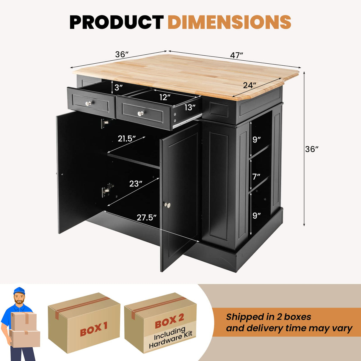 LOKO Black Kitchen Island with Drop Leaf, Storage Cabinet, Adjustable Shelves & Drawers LOKO