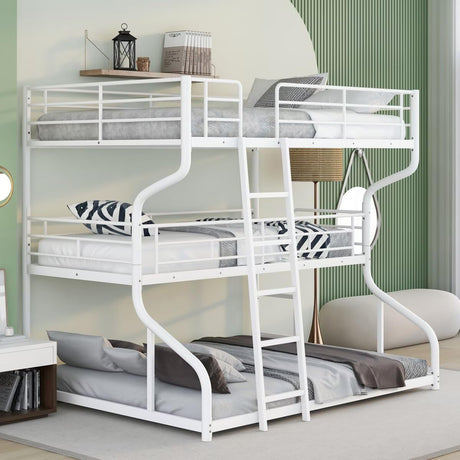 JIJIWANG Full XL Over Twin XL Over Queen Size Triple Bunk Bed with Long and Short Ladder, Unique Curved Metal Frame with Safety Guardrail, Industrial Style Triple Bunk Bed Frame, White JIJIWANG