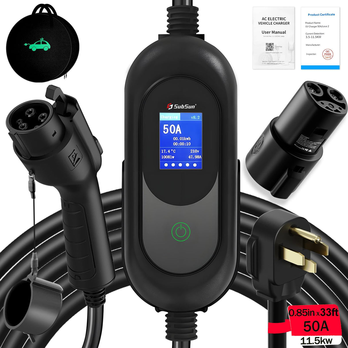SubSun Universal Portable Level 2 EV Charger 50Amp 240V Electric Car Charger for All North American EVs Includes J1772 and Tesla, 33FT EV Charging Cable with NEMA 14-50 Plug (with Tesla Adapter) SubSun