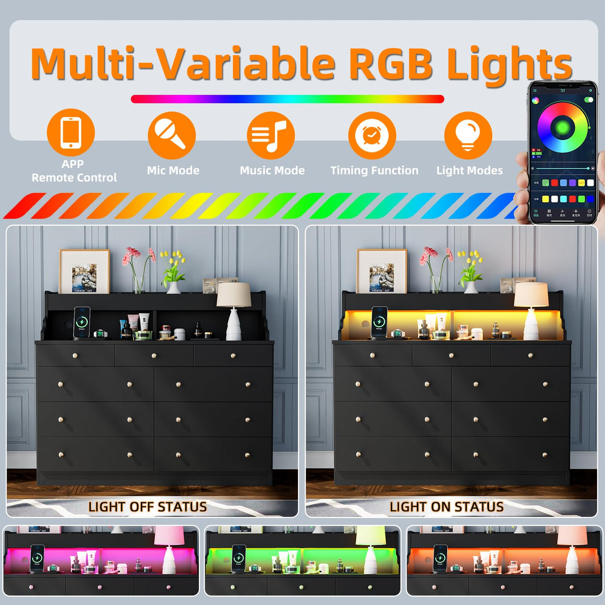 Yeyawomy 9 Drawers Dresser with LED Light, Dresser for Bedroom with Power Outlet, Modern Chest of Drawers, Storage Dresser with Open Storage Space, Dressers & Chests of Drawers for Closet (Black) Yeyawomy