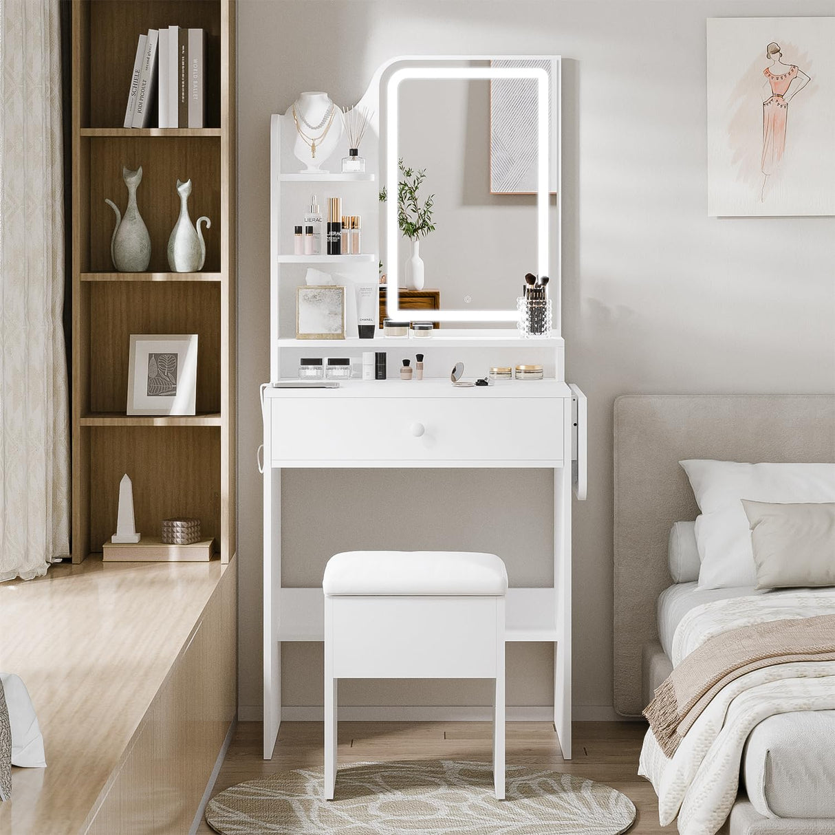 Haewon White Small Vanity Desk Set with Mirror and Lights, Mini Makup Table with Chargin Station and Storage Chair for Compact Space Bedroom Haewon