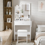 Haewon White Small Vanity Desk Set with Mirror and Lights, Mini Makup Table with Chargin Station and Storage Chair for Compact Space Bedroom Haewon