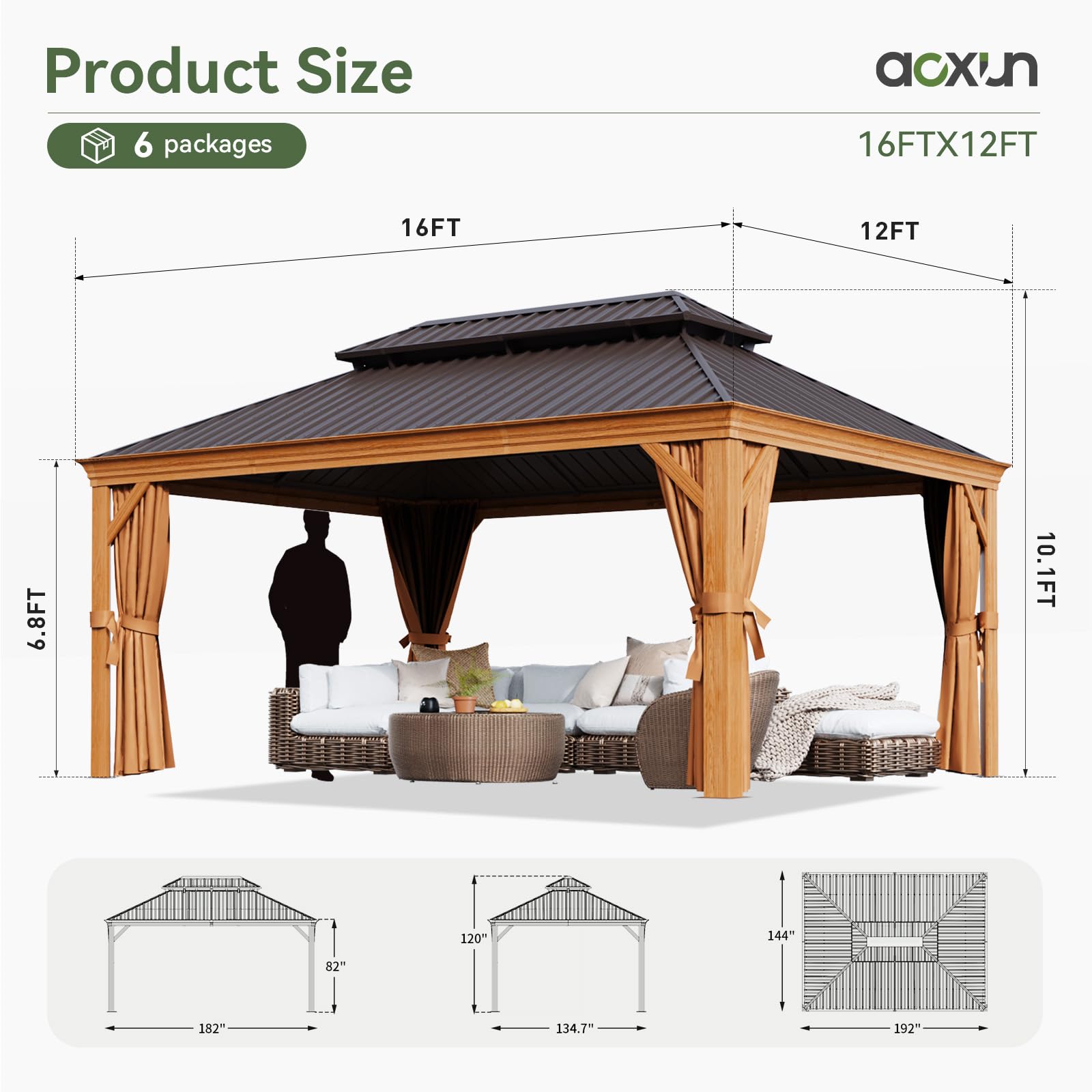 Aoxun 12' x 16' Hardtop Gazebo, Wooden Finish Coated Aluminum Frame Canopy, Galvanized Steel Double Top, Outdoor Permanent Metal Pavilion with Curtains and Netting, for Backyard, Patio and De - WoodArtSupply