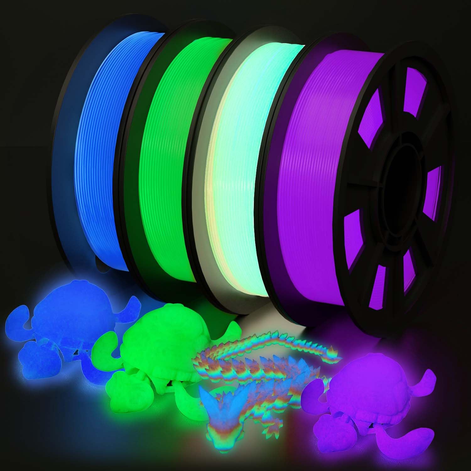 YOUSU 3D Printer Filament Bundle, Glow in The Dark Filament Multicolor, Green, Blue, Purple and Rainbow, PLA Filament 1.75 mm, Dimensional Accuracy +/- 0.03 mm, 250g X 4 Pack - WoodArtSupply