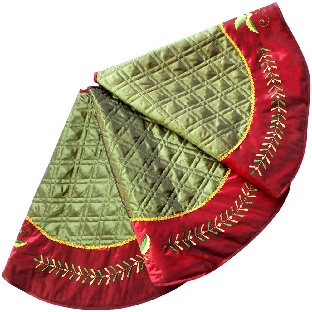 X.Sem Quilted Faux Silk Christmas Tree Skirt, Holly Leaves Embroidery Border - 50-Inch ONGLYP