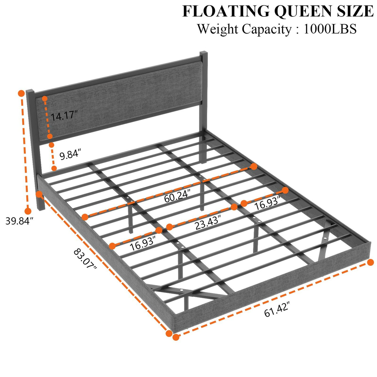 Gyfimoie Modern Queen Floating Bed Frame with LED Lights - Stylish Upholstered Platform for Effortless Assembly Gyfimoie
