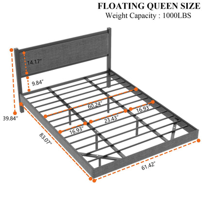 Gyfimoie Modern Queen Floating Bed Frame with LED Lights - Stylish Upholstered Platform for Effortless Assembly - WoodArtSupply