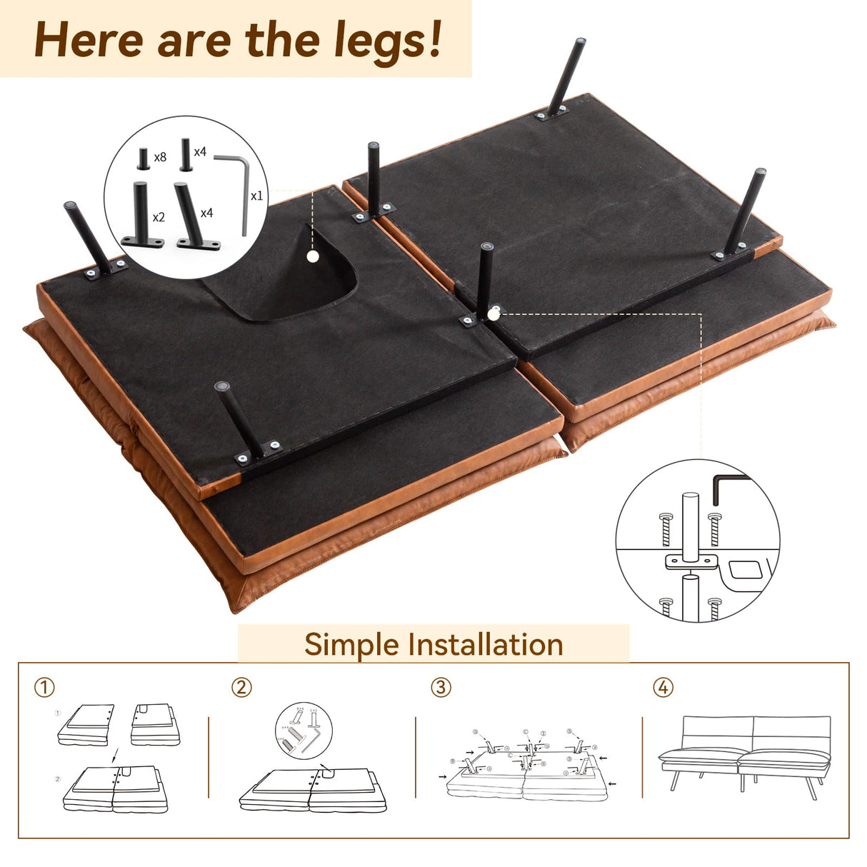 Hcore Convertible Armless Futon Sofa Bed,Faux Leather Futon Couch,Memory Foam Modern Loveseat Couch,Sleeper Sofa Bed Small Splitback for Small Spaces,Living Room,Office,RV,Apartment,Brown Hcore