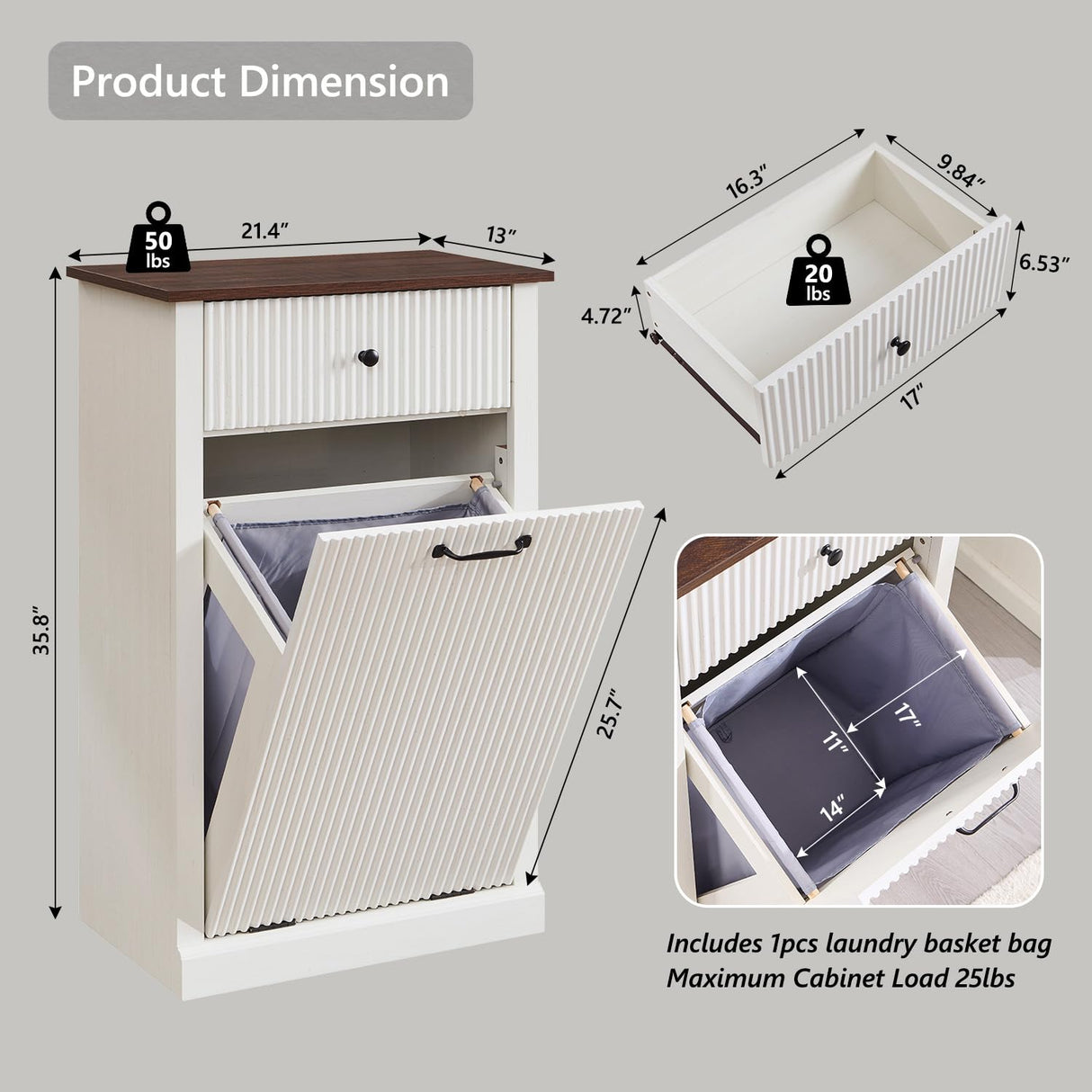 IFGET Modern Tilt-Out Trash Can Cabinet, 10 Gallon Fluted Laundry Hamper Cabinet with Drawers, Wooden Hidden Garbage Can Cabinet with Storage Basket, Free Standing for Kitchen and Living Room, White IFGET