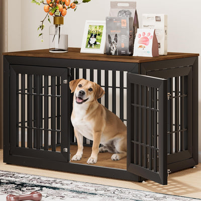 Snuowu 48" Heavy Duty Dog Crate Furniture for Small,Medium and Large Dogs,Rustic Wooden Dog Cage Kennel Indoor Furniture with Waterproof Top,Decorative Pet House Side End Table (Black & Wood)