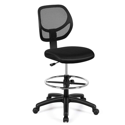 Giantex Mesh Drafting Chair, Standing Desk Chair w/Footrest Ring, Adjustable Height Chair Mid Back Tall Office Chair for Home Office, Black - WoodArtSupply