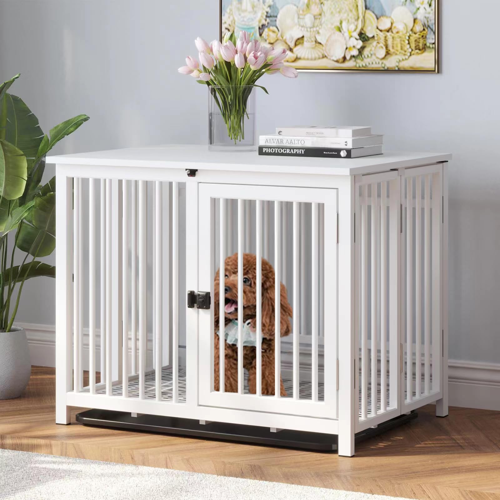 UMXES Heavy Duty Dog Crate Furniture, Fully Assembled exc. Locks, All Metal Frame & Wooden Tabletop, Modern Kennel for Small Dog, End Table, Sturdy, Foldable, White - WoodArtSupply