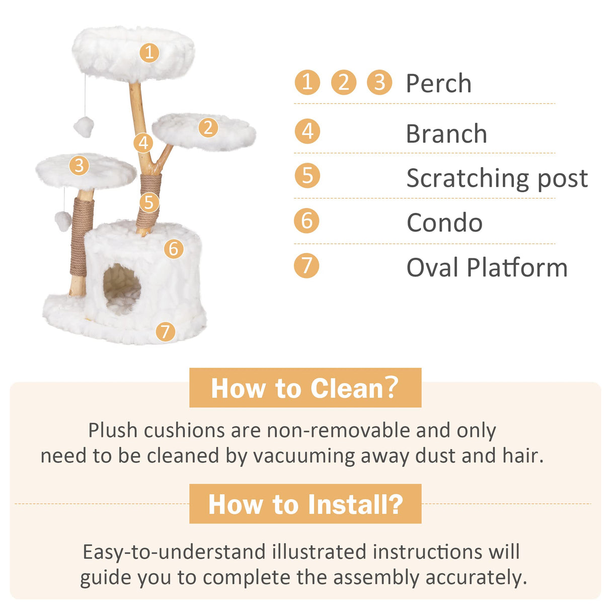 COZIVVOVV Modern Cat Tree, Natural Branch Cat Tower with Condo and Climbing Perches, Kitten Scratching Tree, Cat Furniture Gift, White COZIVVOVV