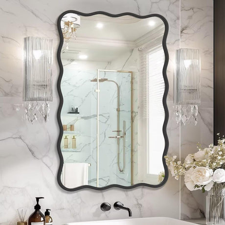 PROHOMEWARE 24 * 36" Black Bathroom Mirror for Wall,Wavy Rectangular Mirror,Vanity Mirror,Bathroom Mirrors for Wall-Mounted Metal Frame Mirror for Bedroom Entryway Living Room Farmhouse (Black) PROHOMEWARE