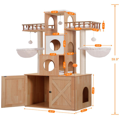 Heybly Cat Tree with Litter Box Enclosure for Indoor Big Cat, Cat Tower for Large Cats 20 lbs Heavy Duty,Modern Cat Condo Furniture with Scratching Posts, Walnut HCT110WB - WoodArtSupply