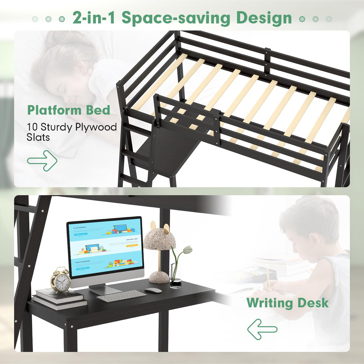 Giantex Twin Size Loft Bed with Desk, Solid Wood Loft Bed with 2 Ladders & Full Length Guardrail, Modern Space-Saving Twin Bed Frame for Kids Teens Adults, No Box Spring Needed (Black) Giantex