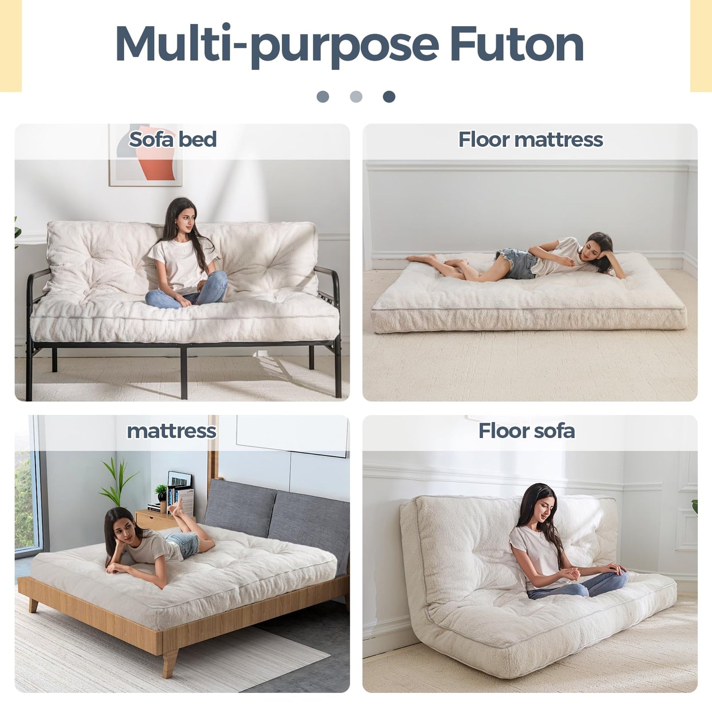 MAXYOYO 6" Futon Mattress Full Size, Thick Boucle Futons Sofa Couch Bed Sleeper Sofa Bed Floor Mattress for Adults, Shredded Foam Filling (Frame Not Included), Beige