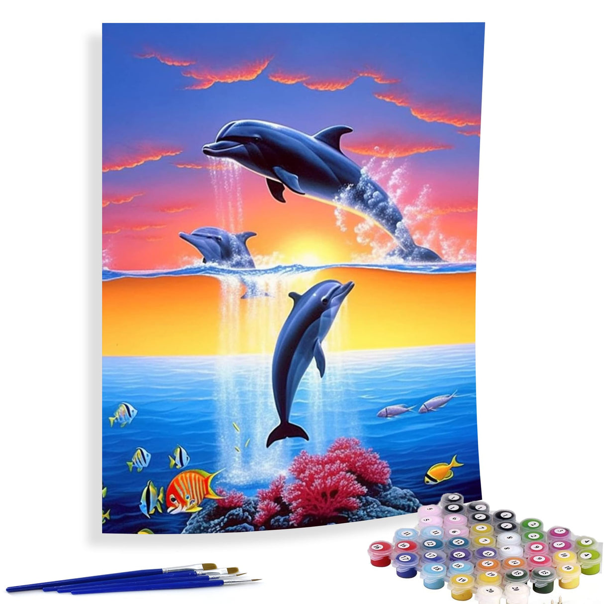 Diymood Paint by Numbers for Adults Landscape, DIY Oil Painting World Sunset Lake Clouds Dolphin Acrylic Paint by Number Kits for Kids Adults Beginner for Home Wall Decor 16x20 inch Diymood