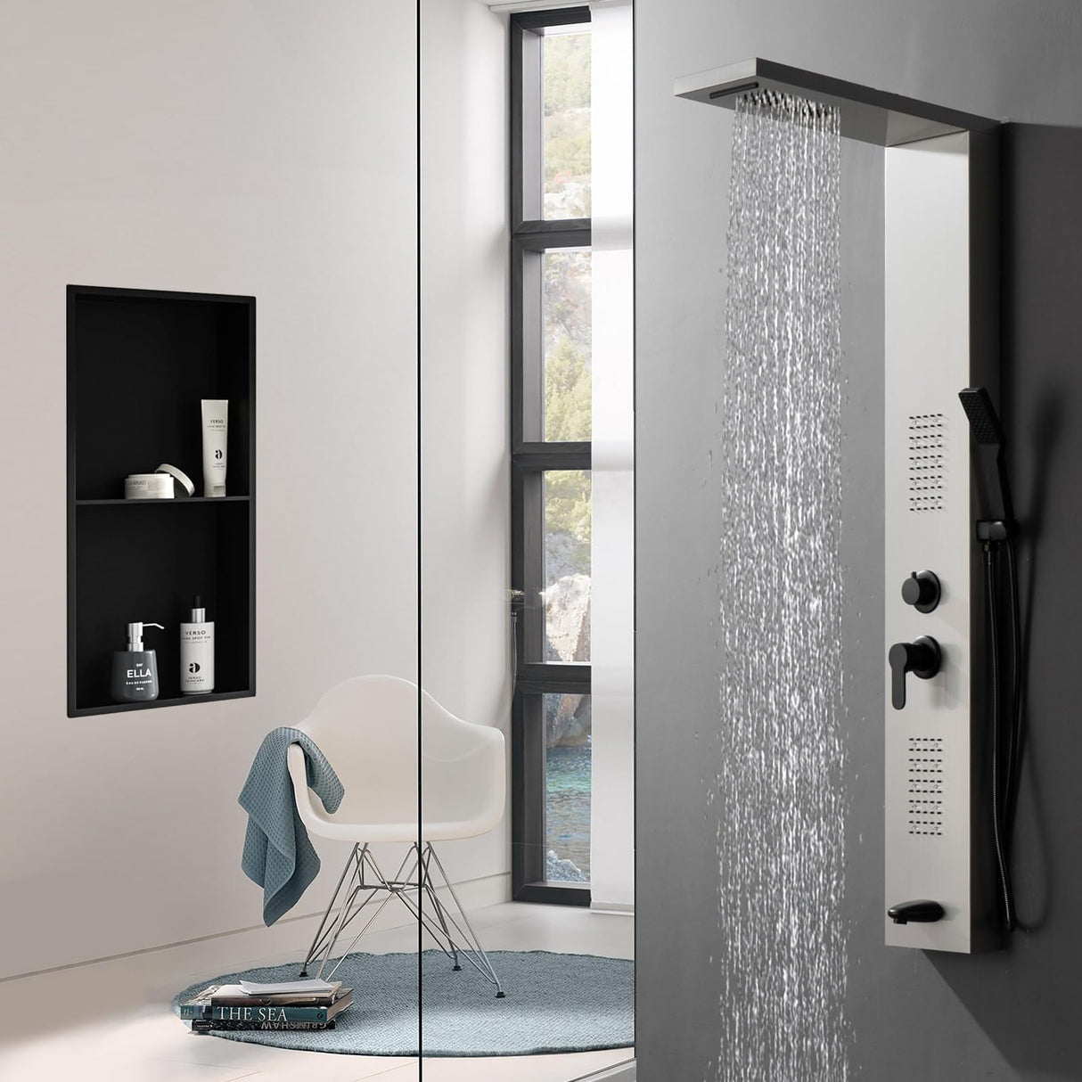 BWE Bathroom Wall Niche,12" X 24" X 4" Stainless Steel Shower Niche,Rimless Recessed Shower Shelf for Bathroom,Double Shelves Niche,No Tile Needed Matte Black BWE