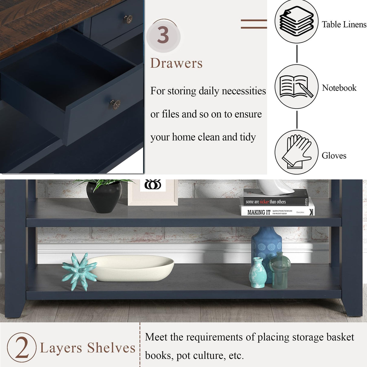 LKTART Solid Wood Console Table Sofa Table with Storage Drawers and Bottom Shelf Entryway Table for Storage Entry Hallway Foyer Sofa Couch LKTART