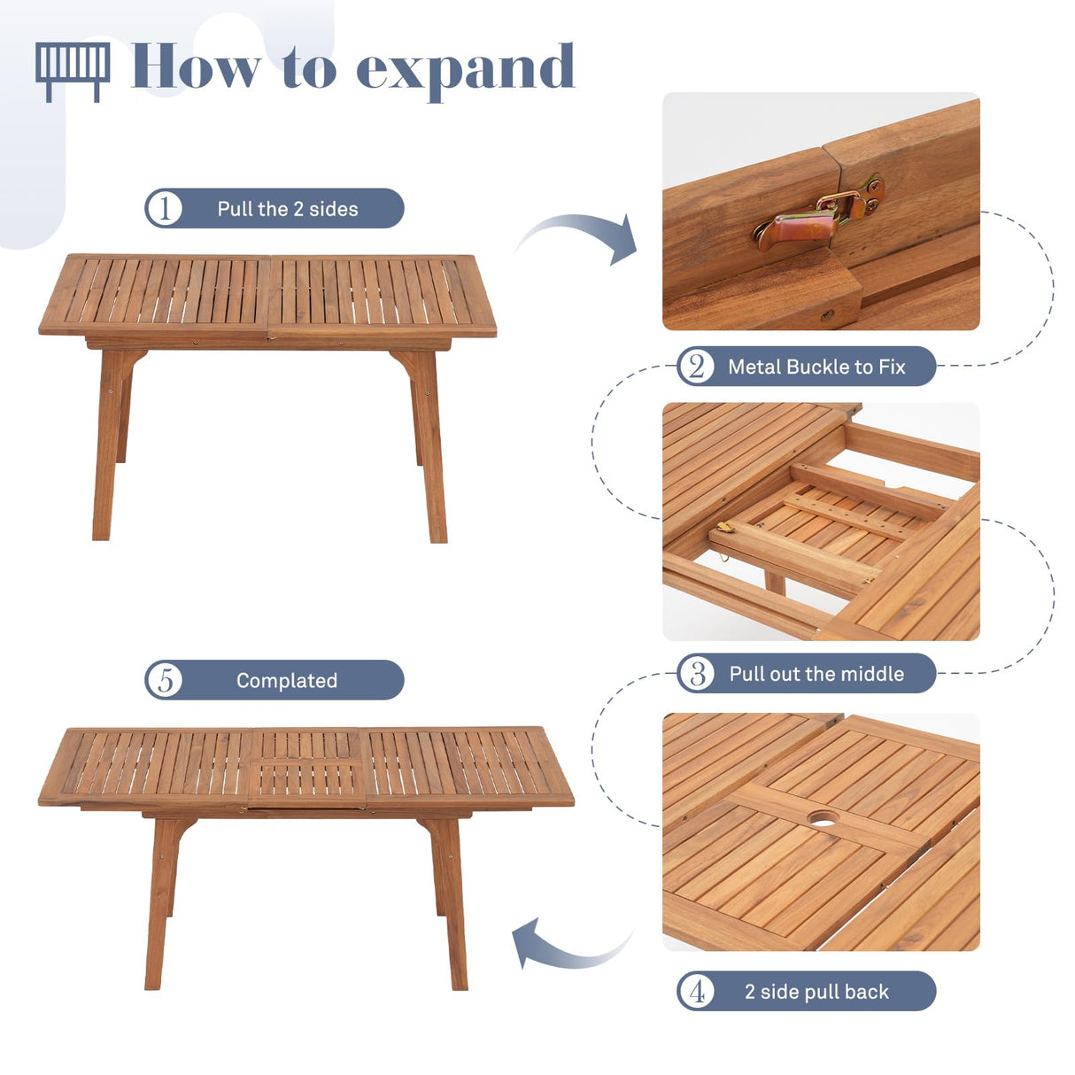 OC Orange-Casual Patio Furniture Set, Acacia Wood Patio Dining Set for 6-8, Outdoor Expandable Table and Chairs Set with Umbrella Hole and Breathable Textilene Fabric for Garden (White, 5 Pieces) OC Orange-Casual