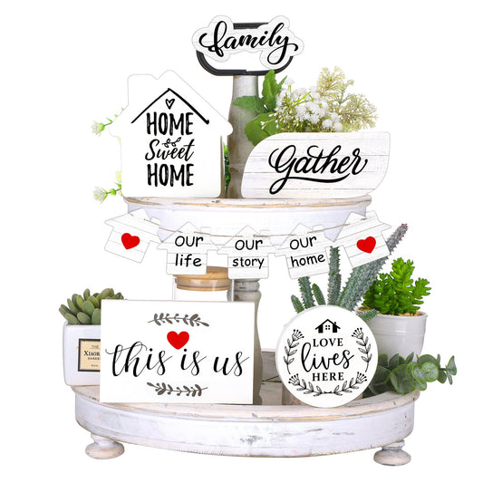 Yalikop 10 Pieces Farmhouse Tiered Tray Decor Wooden Rustic Decorations Home Sweet Home Family Gather Love Wood Block Our Life Our Story Table Signs for Farmhouse Home Kitchen Shelf Coffee(Classic)