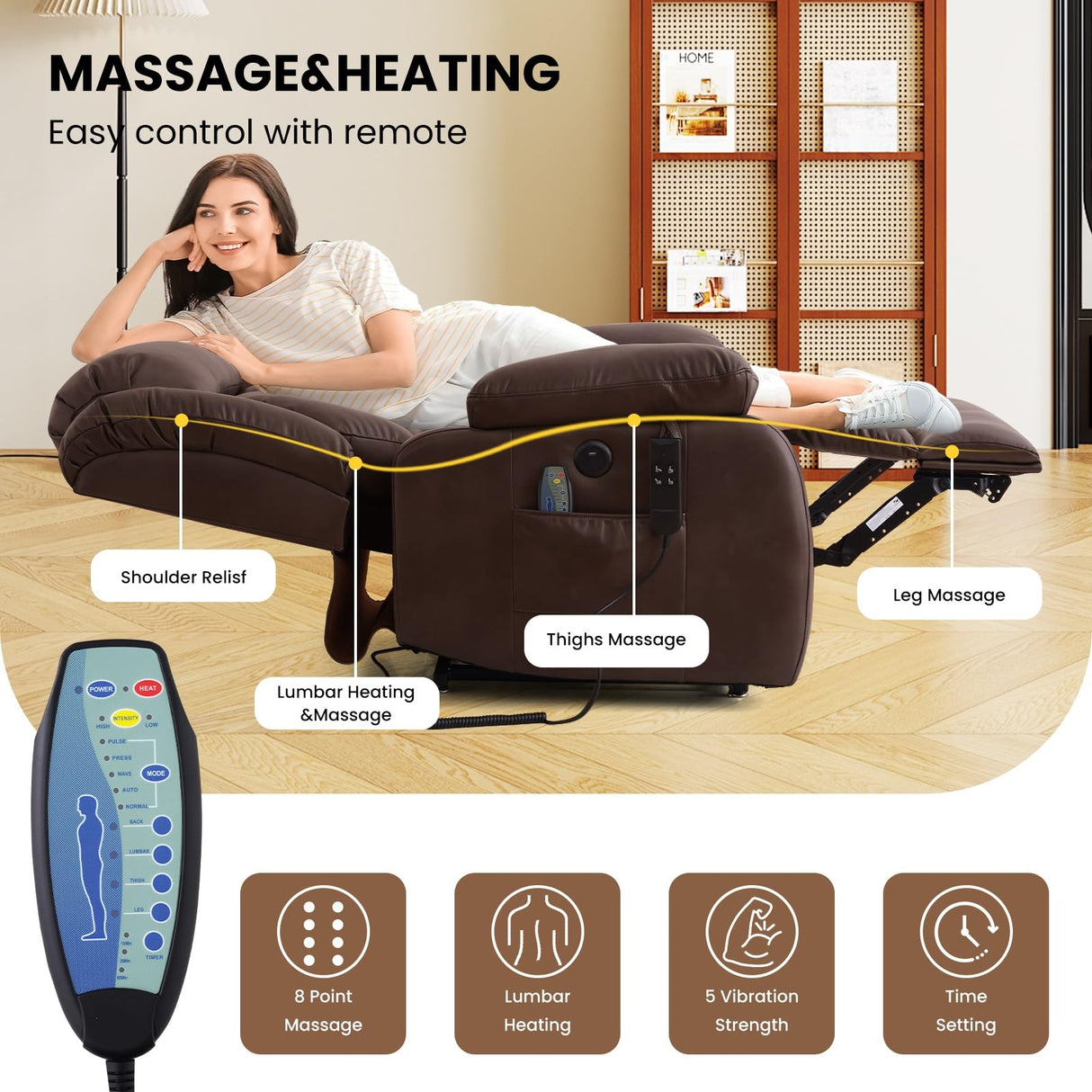 TEKAMON Dual Motor Power Lift Recliner Chair for Elderly, Breathable Leather Recliner with Heat & Massage, Lay Flat Sleeping Chairs with Infinite Position, Remote Control & USB Ports(Brown) TEKAMON