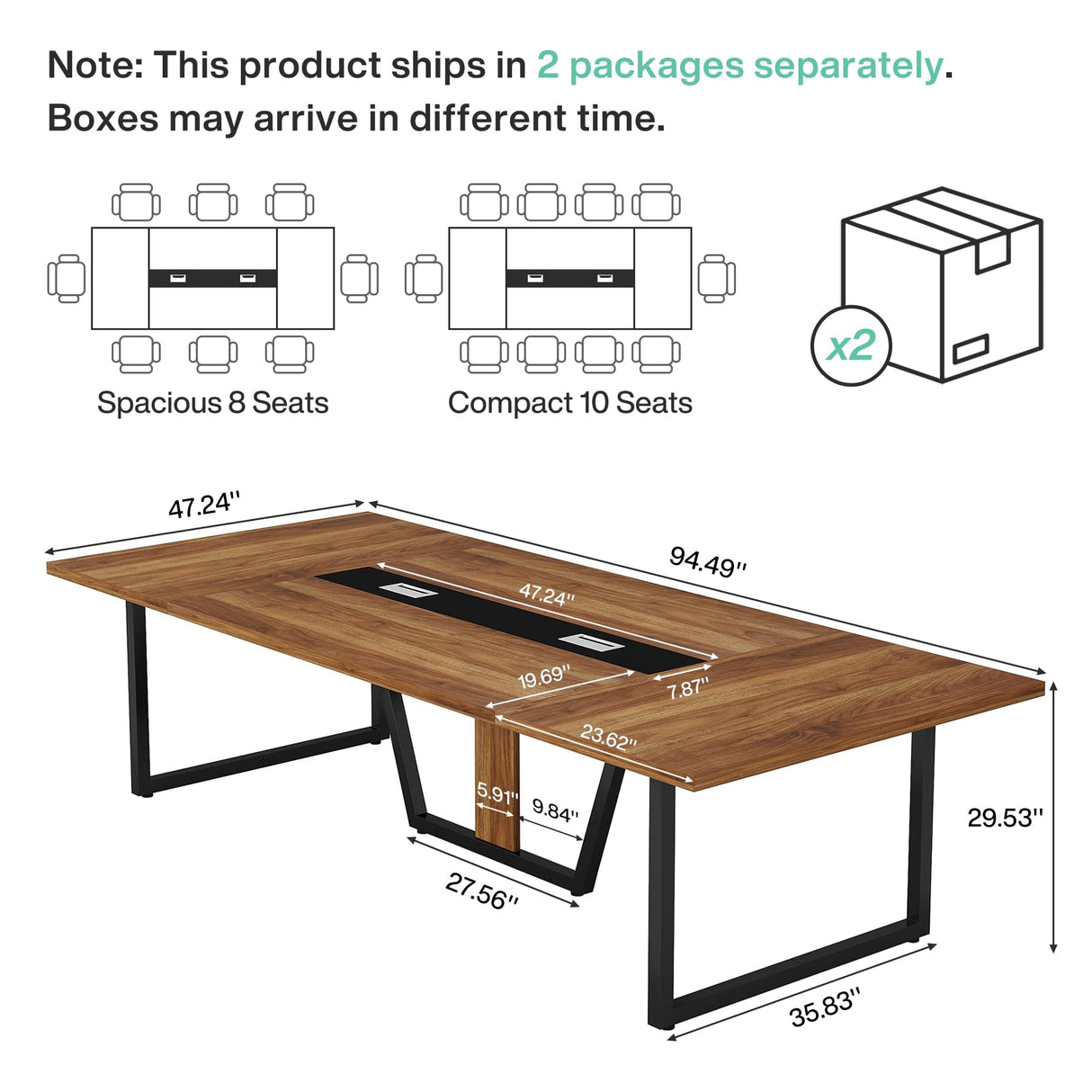 Tribesigns 8FT Large Conference Table for 10 People, Industrial 94.5-Inch Meeting Table with Two Grommets, Rectangular Podcast Training Table for Home Office, Studio, Business, 2 PCS Tribesigns