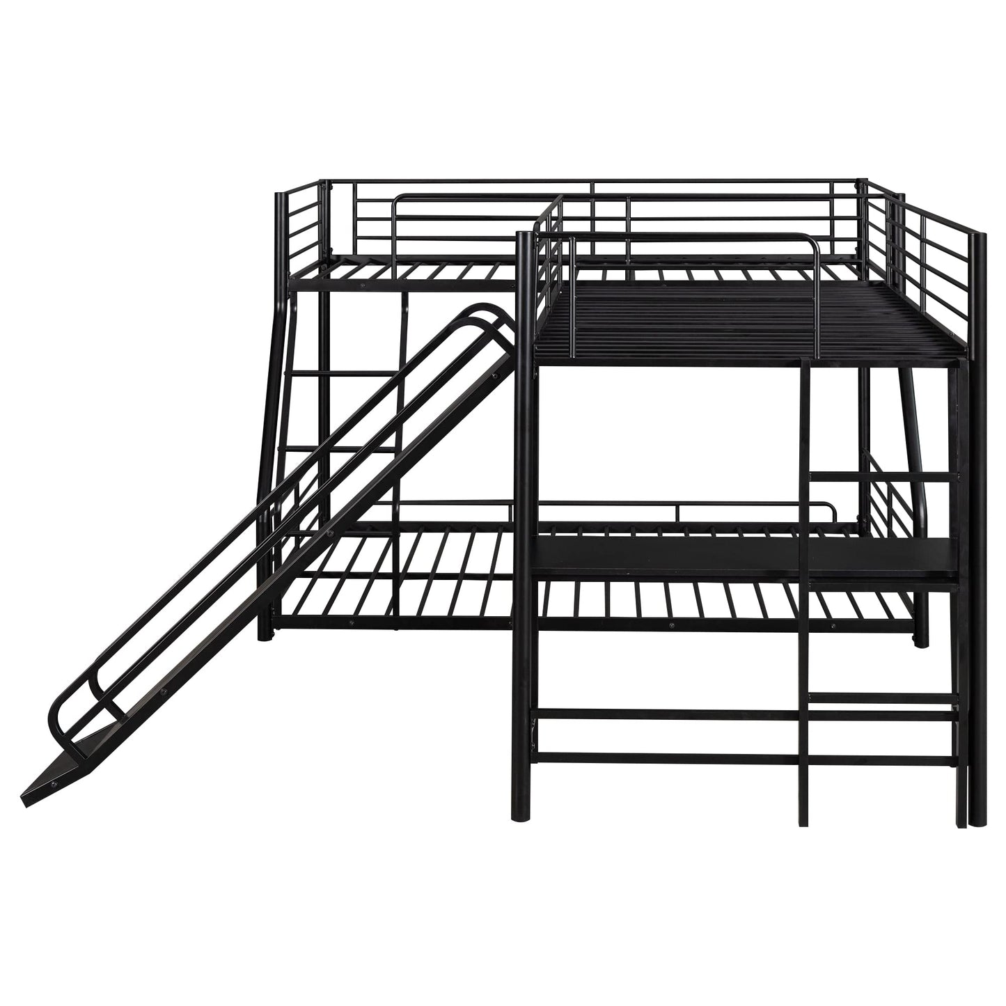 SOFTSEA Metal L Shaped Bunk Bed with Slide and Small Desk, Twin Over Full and Twin Triple Bunk Bed