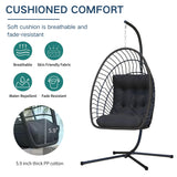 Kingdura Hanging Egg Chair with Stand Indoor Outdoor, Foldable Rattan Wicker Hammock Egg Swing Chair for Bedroom Porch Patio Garden, Thickened Cushion, 350LBS Capacity, Heavy Duty Frame Kingdura