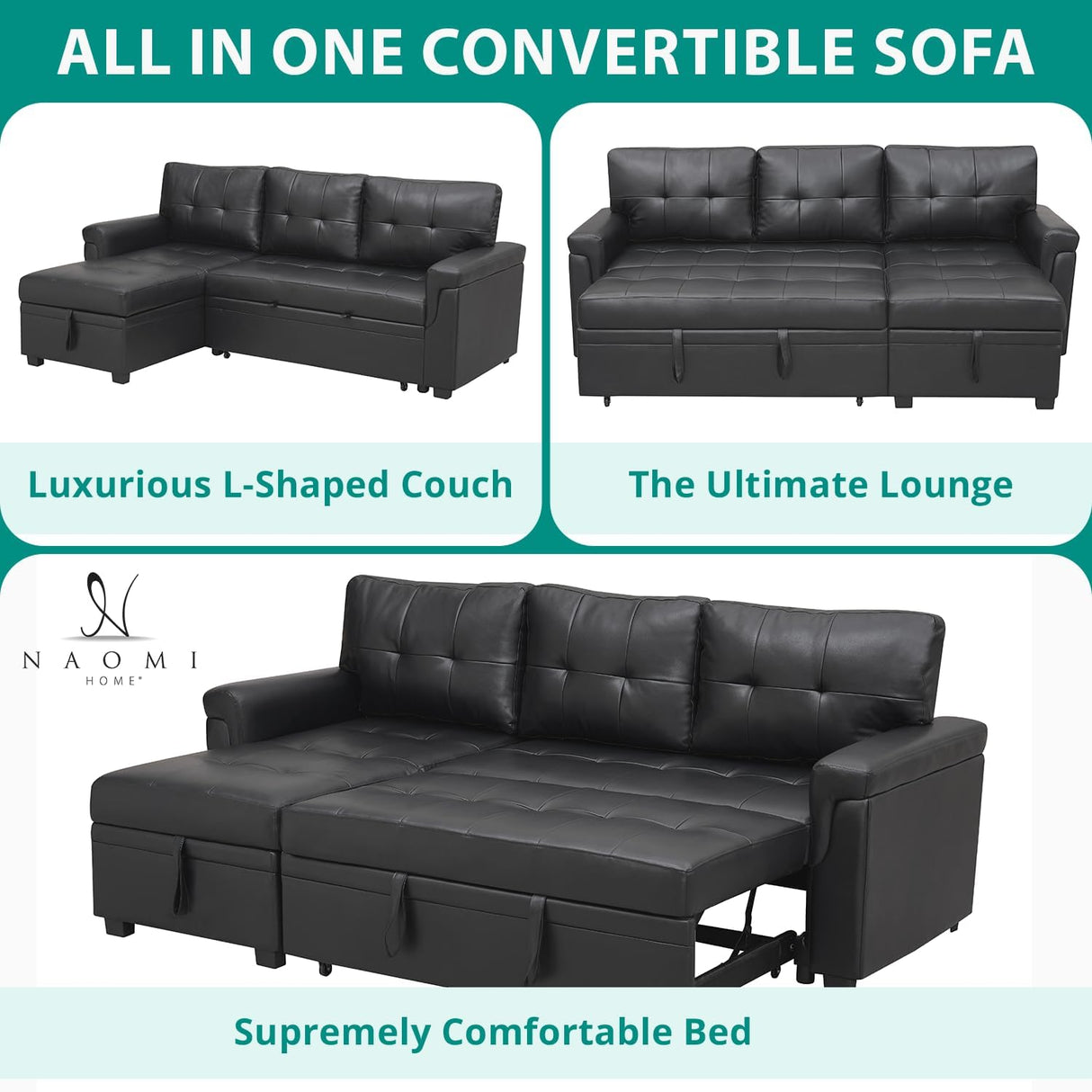 Naomi Home Transform Any Space: Sleeper Sectional Sofa with Convertible Sofa Bed & Inviting Chaise. Find Tranquil Comfort with Stress-Relieving Design & Durable Cushions - Black/Air Leather Naomi Home